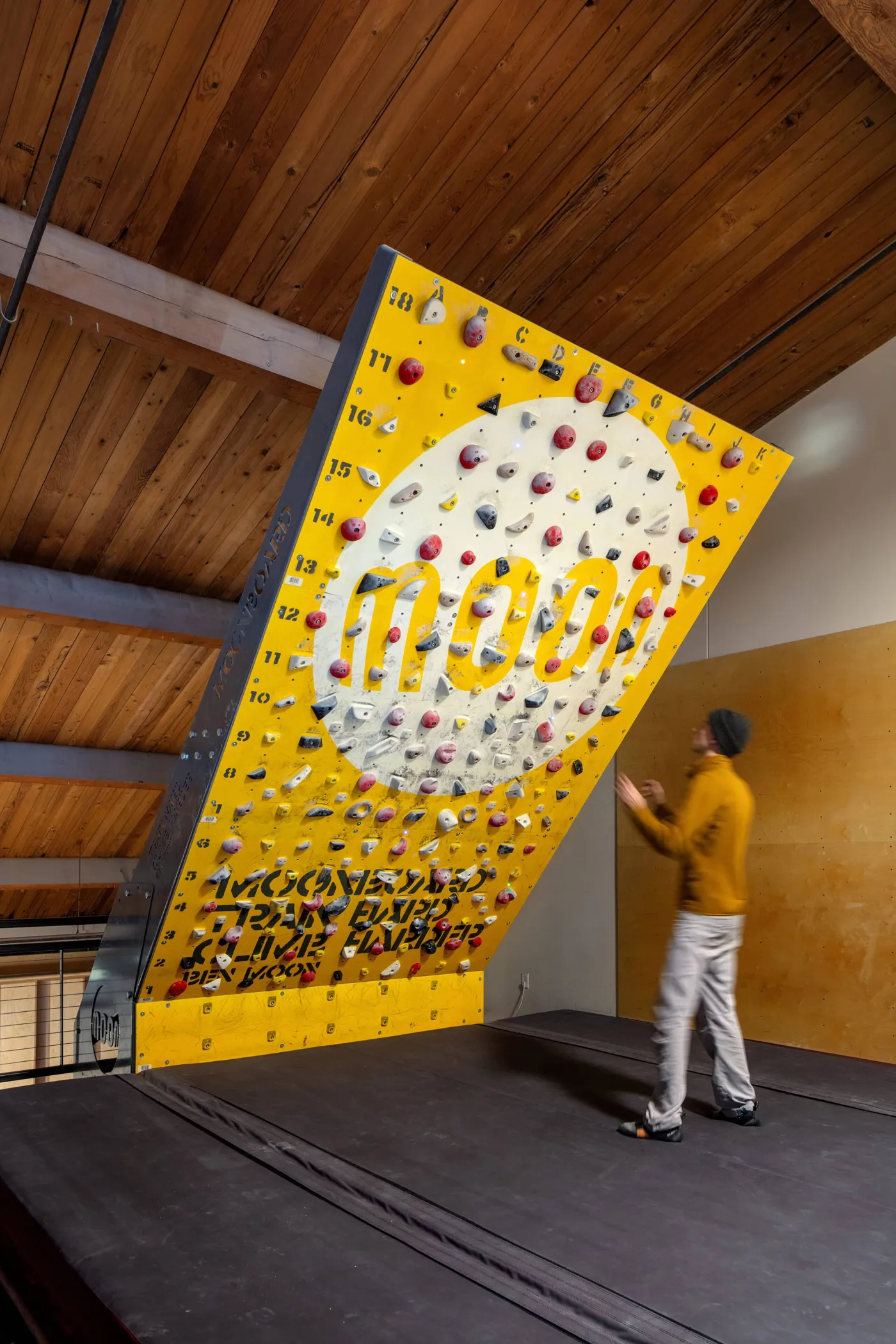 A MoonBoard: a steep yellow-framed panel covered in a uniform grid of small, aggressive holds